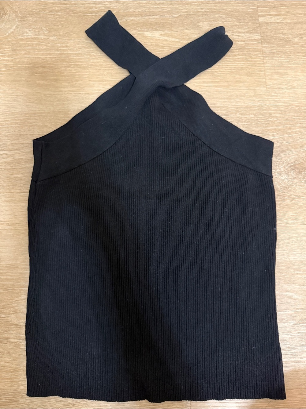 Black Ribbed Cross-Neck Tank Top